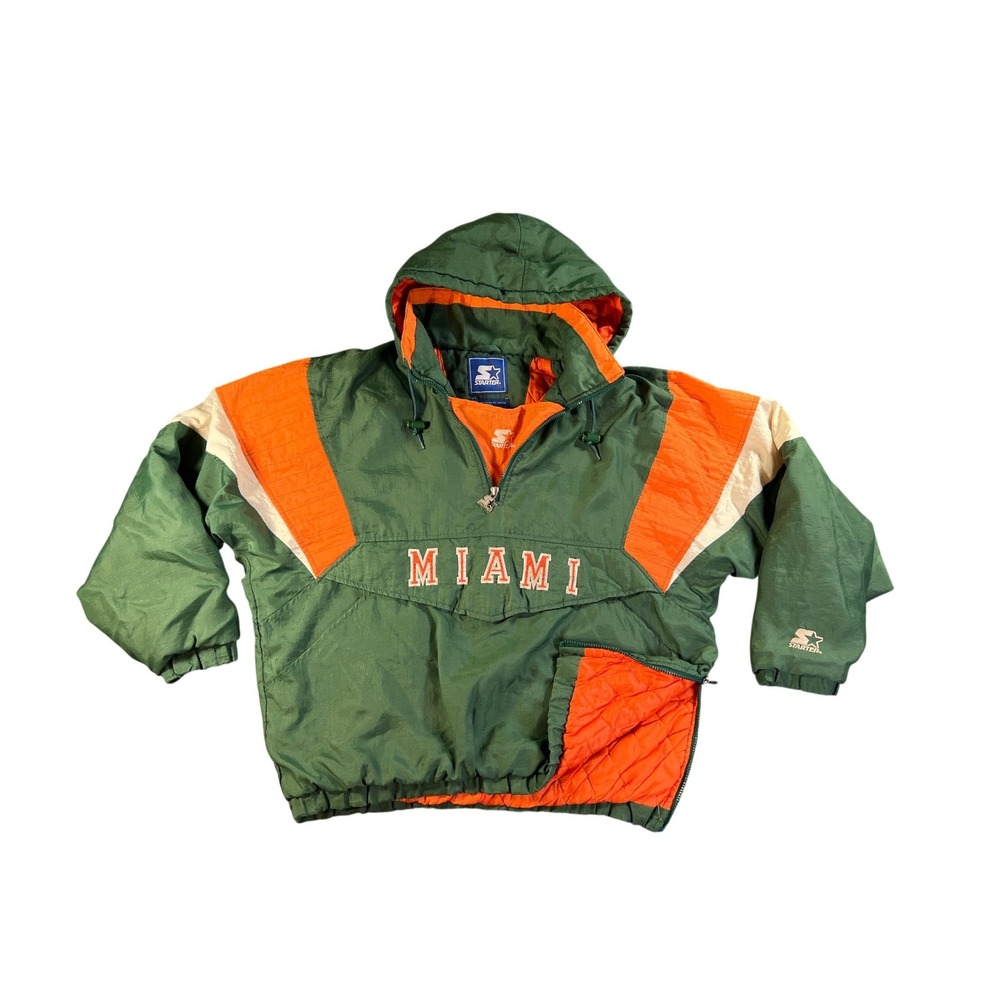 VTG Starter Miami Hurricanes Jacket Mens Large Green Orange 90s Puffer Anorak